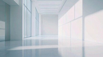 Sunlit Modern Hallway: A minimalist hallway bathed in sunlight, featuring expansive windows and a sleek, polished floor, creating a bright and airy atmosphere.