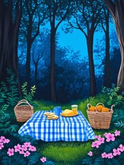 Forest Picnic Scene - Tranquil woodland setting, picnic blanket, food, baskets, flowers, serene nature. Symbolizing peace, relaxation, nature, togetherness, simple joys.