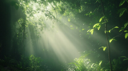 Fototapeta premium Sunlight Rays Streaming Through Green Forest Trees in Peaceful Nature Scene
