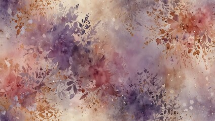 Fototapeta premium This image is a watercolor-style background with overlapping purple, pink, and brown splotches, with floral elements.