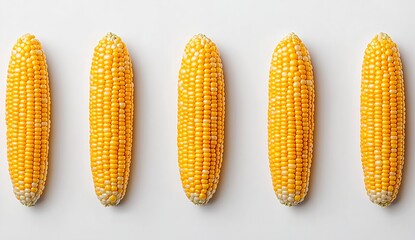 Fresh Corn Ears Arranged on White Background Perfect for Culinary and Food Photography with Vivid Colors for Recipes and Food Styling Inspiration