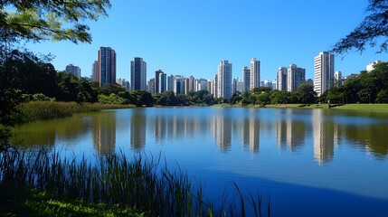 Fototapeta premium Urban Skyline Reflected in Serene Lake Water