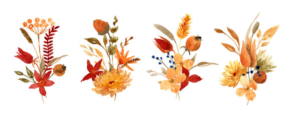 Watercolor autumn dried flowers and leaves arrangement bundle isolated on white. Hand drawn floral illustration. Botanical clipart for greeting cards, design of stationery, invitation, packaging.