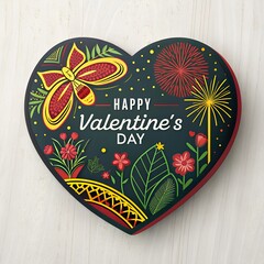 yellow butterfly happy valentines day with firework flowers and leaf heart shape 
