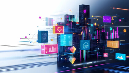 Digital city skyline with data visualization; abstract technology background for websites, presentations, or reports