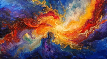 A painting of a colorful explosion with a yellow center