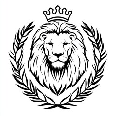 Obraz premium Crowned lion head laurel wreath emblem, white background, logo design