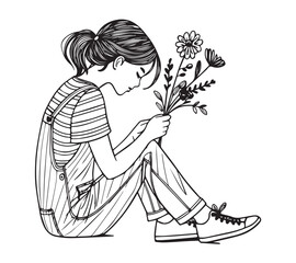 Girl sitting and picked flowers a one line art drawing style black linear sketch isolated on transparency