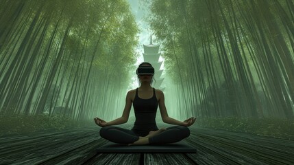 Young female doing meditation with VR headset.