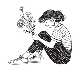 Girl sitting and picked flowers a one line art drawing style black linear sketch isolated on transparency