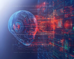Obraz premium Futuristic AI head digital interface; data streams flow; abstract background; technology concept