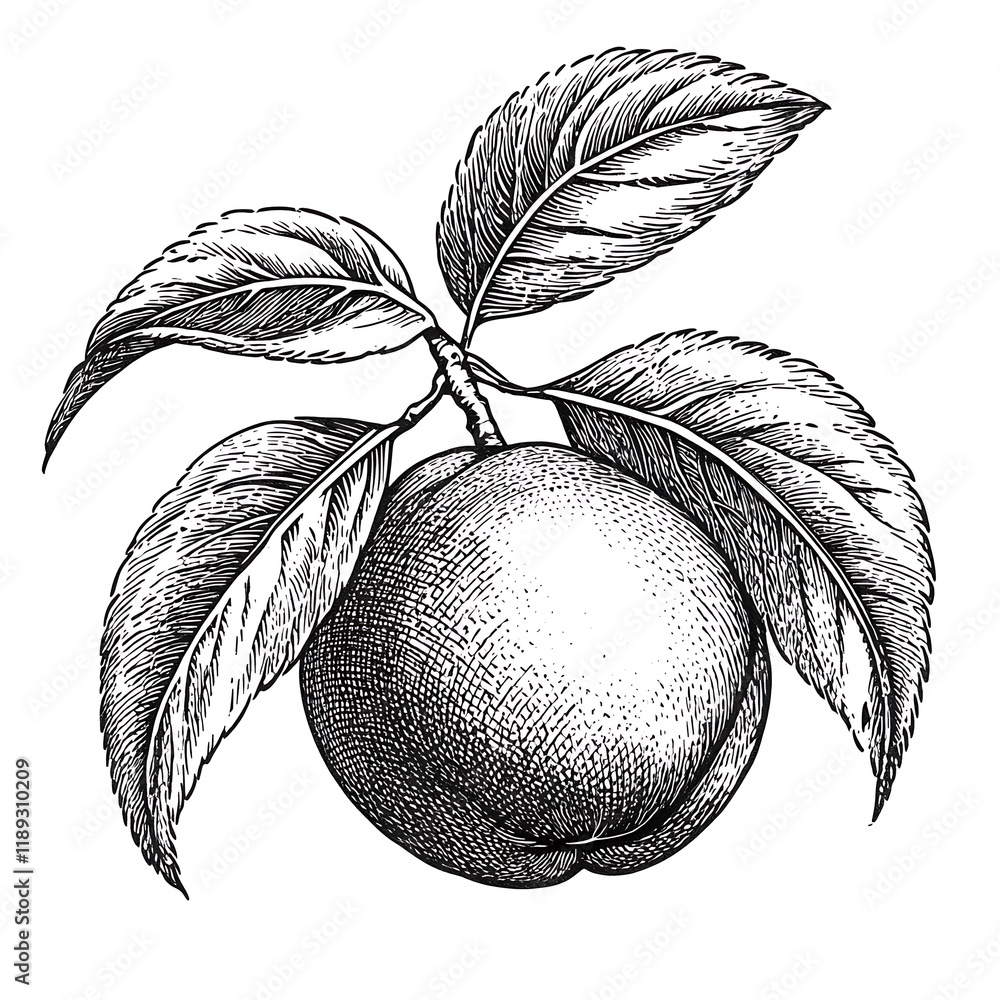 Fototapete peach with leaves, drawn in an intricate engraving style sketch engraving generative ai raster illus