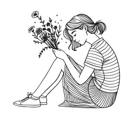 Girl sitting and picked flowers a one line art drawing style black linear sketch isolated on transparency