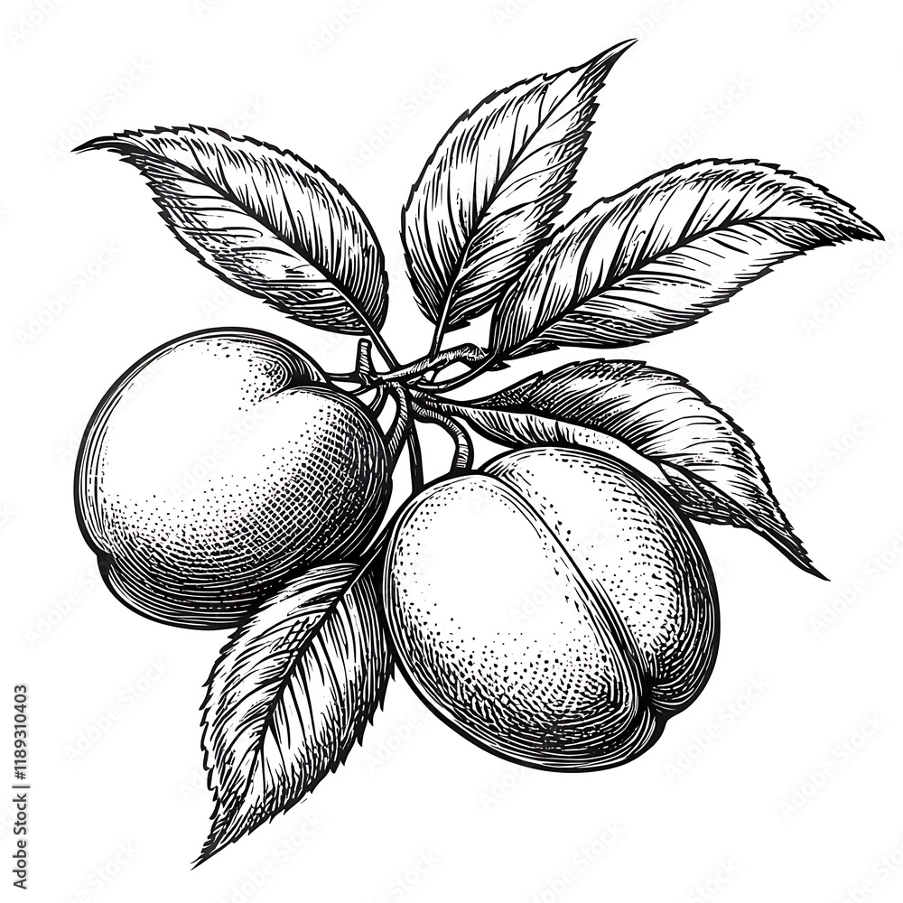 Fototapete peach with leaves, drawn in an intricate engraving style sketch engraving generative ai raster illustration. Scratch board imitation. Black and white image of fruite



