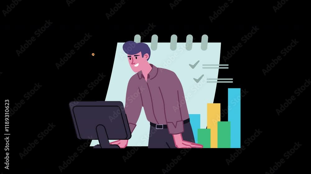 Poster A European man analyzing data on a computer with graphs and notes in the background.