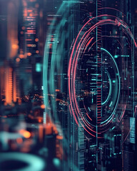 Fototapeta premium Futuristic city data visualization; glowing digital circles overlaying blurred cityscape at night; used for tech, innovation, or urban development concepts
