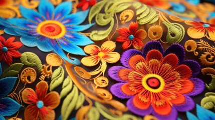 Vibrant Embroidered Patterns on Textured Fabric Background