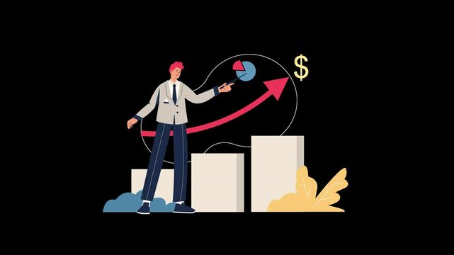 A businessman presenting growth data with a graphic chart, showcasing a positive trend in a professional setting.