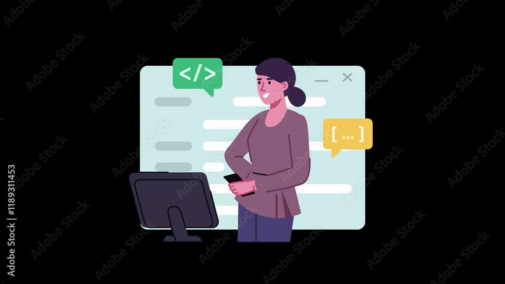 Poster a happy young woman of asian descent coding on a computer with messaging bubbles in the background.