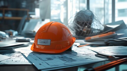 Fototapeta premium Orange Hard Hat Rests on Architectural Blueprints