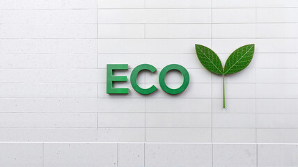 Eco text with single leaf on white wall