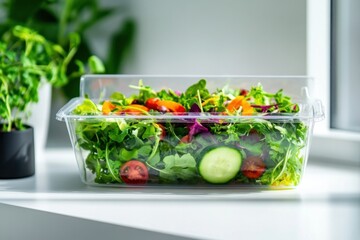 Fresh salad in biodegradable clamshell box on modern countertop with clean surroundings