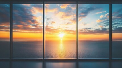 Fototapeta premium Scenic Sunset View from Modern Office Window Over Calm Ocean