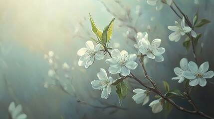 Delicate Blossom:  A single branch of a flowering tree bursts with delicate white blossoms, illuminated by a soft, ethereal glow, creating a peaceful and serene scene.  