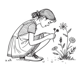 Girl sitting and picked flowers a one line art drawing style black linear sketch isolated on transparency