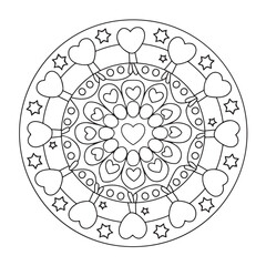 Mandala coloring page, bold line art, mandala black and white, mandala line art, love themed mandala line art, mandala coloring page for adults
