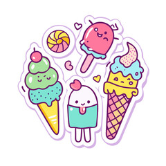 Colorful cartoon ice cream illustrations - Playful illustrations of ice cream in vibrant colors, 