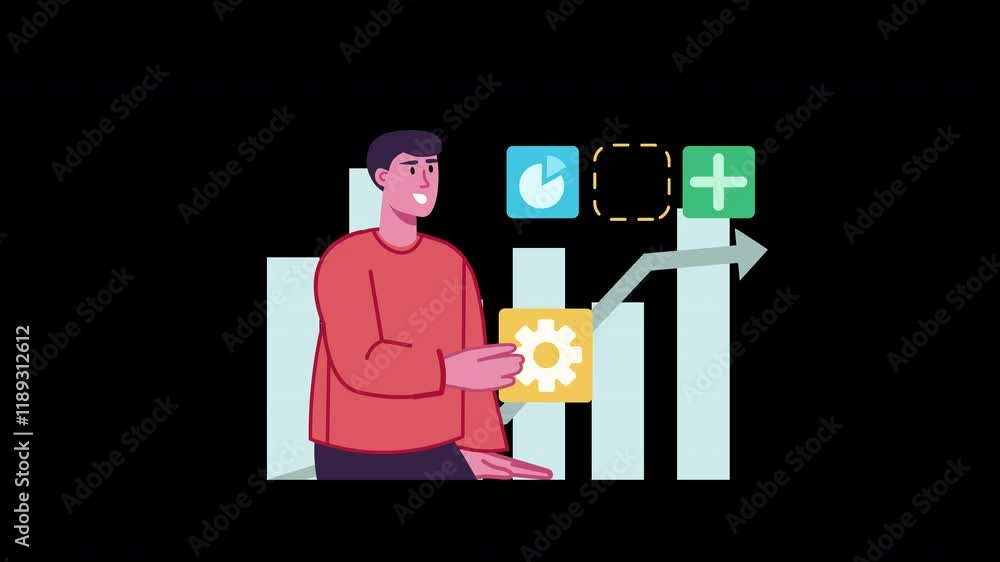 Poster a smiling european man presenting a growth chart with data icons in a flat 2d design.