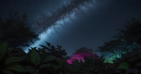 Night sky with a milky way like galaxy and a purple and green tree