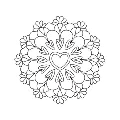 Mandala coloring page, bold line art, mandala black and white, mandala line art, love themed mandala line art, mandala coloring page for adults