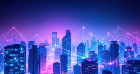 depiction of a hand-drawn style image of a cityscape at night connected with streams of data as a visible network of glowing lines