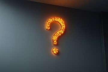 Burning question mark glows brightly on dark grey wall. Illuminated sign creates sense of mystery, dilemma. Interior setting suggests empty room hall. Image evokes concepts of problem solving burning