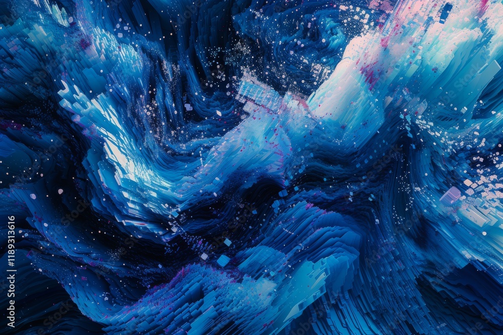 Poster electric blue waves collide in abstract chaos, creating a mesmerizing display that captures the esse