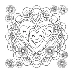 Mandala coloring page, bold line art, mandala black and white, mandala line art, love themed mandala line art, mandala coloring page for adults