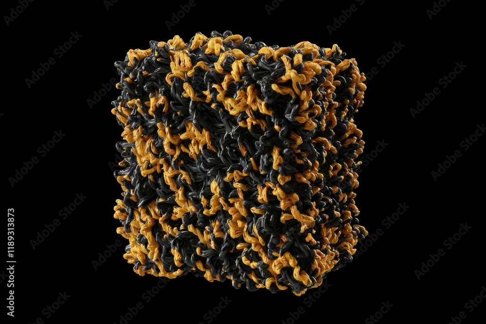 Poster A 3D rendered image of a cube-shaped object composed of intertwined black and gold strands, resembling a complex, textured material.