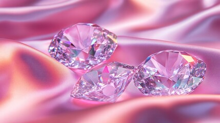 Three sparkling diamonds resting on soft, pink satin fabric.