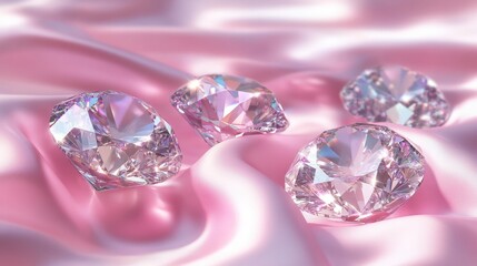 A collection of sparkling diamonds resting on soft pink satin fabric.