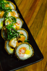 Cenital photo of asian food tempura sushi