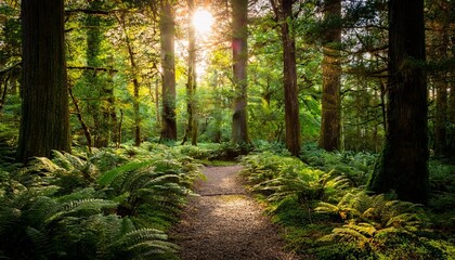 Obraz premium a sunlit path through a verdant forest where sunlight peeks through the dense canopy casting a radiant glow upon the mossy ground and ferns that line the way