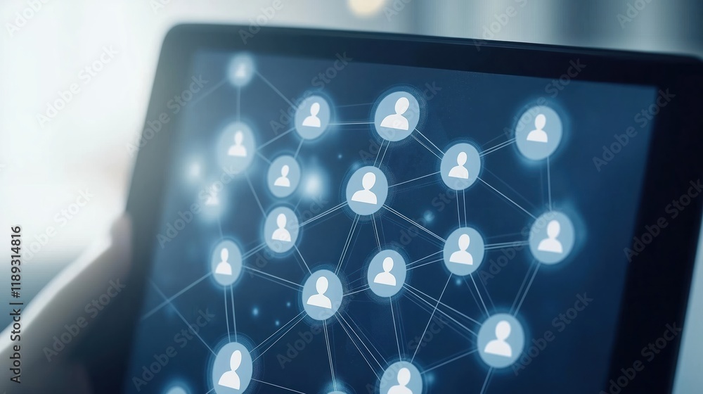 Poster digital device screen displays network of interconnected contact icons. graphic design shows connect