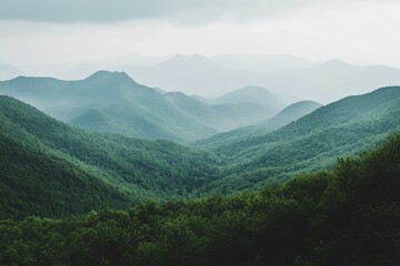 Fototapeta premium a view of green mountains and a foggy sky