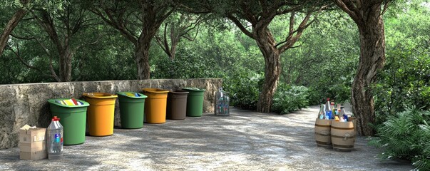 Fototapeta premium Vibrant Recycling Bins Amidst Lush Greenery in a Tranquil Forest Park Environment