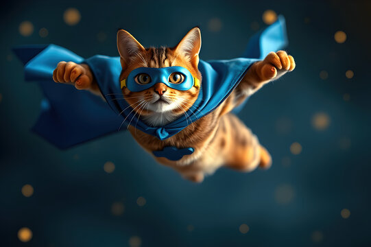 Cat wearing a blue superhero costume is flying through the air