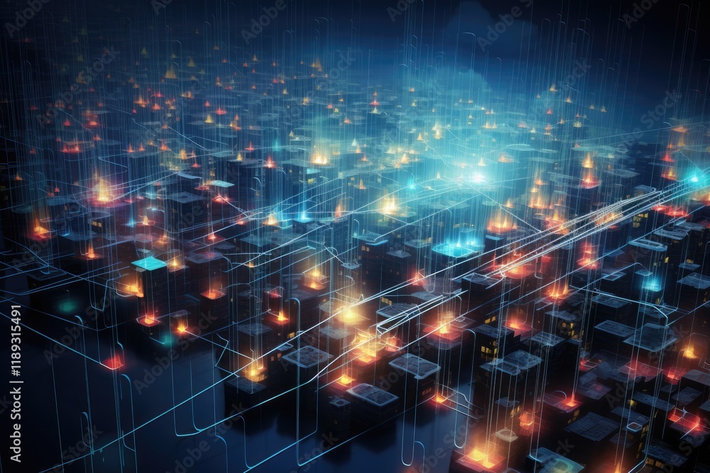 Poster an artistic interpretation of data flowing through an abstract digital landscape filled with illumin