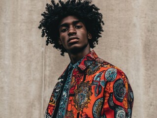 Obraz premium a person wearing a colorful patterned jacket stands in front of a wall