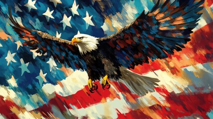 A majestic eagle soars against a vibrant American flag backdrop, symbolizing freedom.
